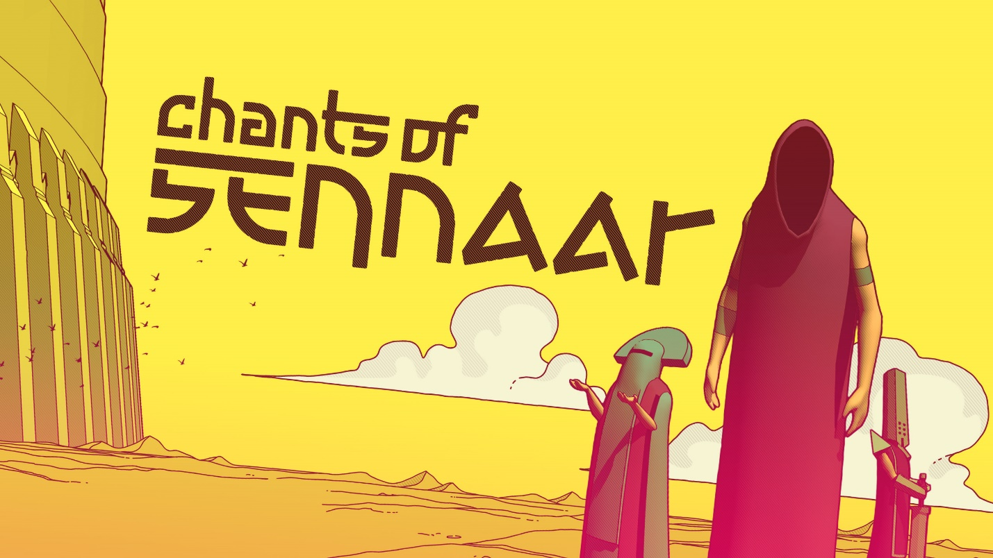 Key art for Chants of Senaar - 3 robed figures are on a desert landscape adjacent to a Tower.